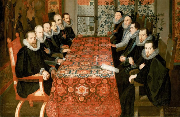 The Somerset House Conference, 1604 is an oil-on-canvas painting depicting 11 formally dressed men wearing white ruffs seated at a long covered table and looking almost accusatorily out at the viewer.