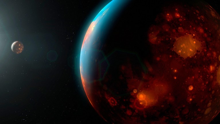 Illustration of the Earth with the moon off to the left, from the time period of 4 to 3.8 billion years ago.