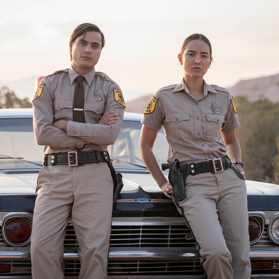 dark winds series 1 picture shows: (l r) kiowa gordon as jim chee and jessica matten as sgt. bernadette manuelito