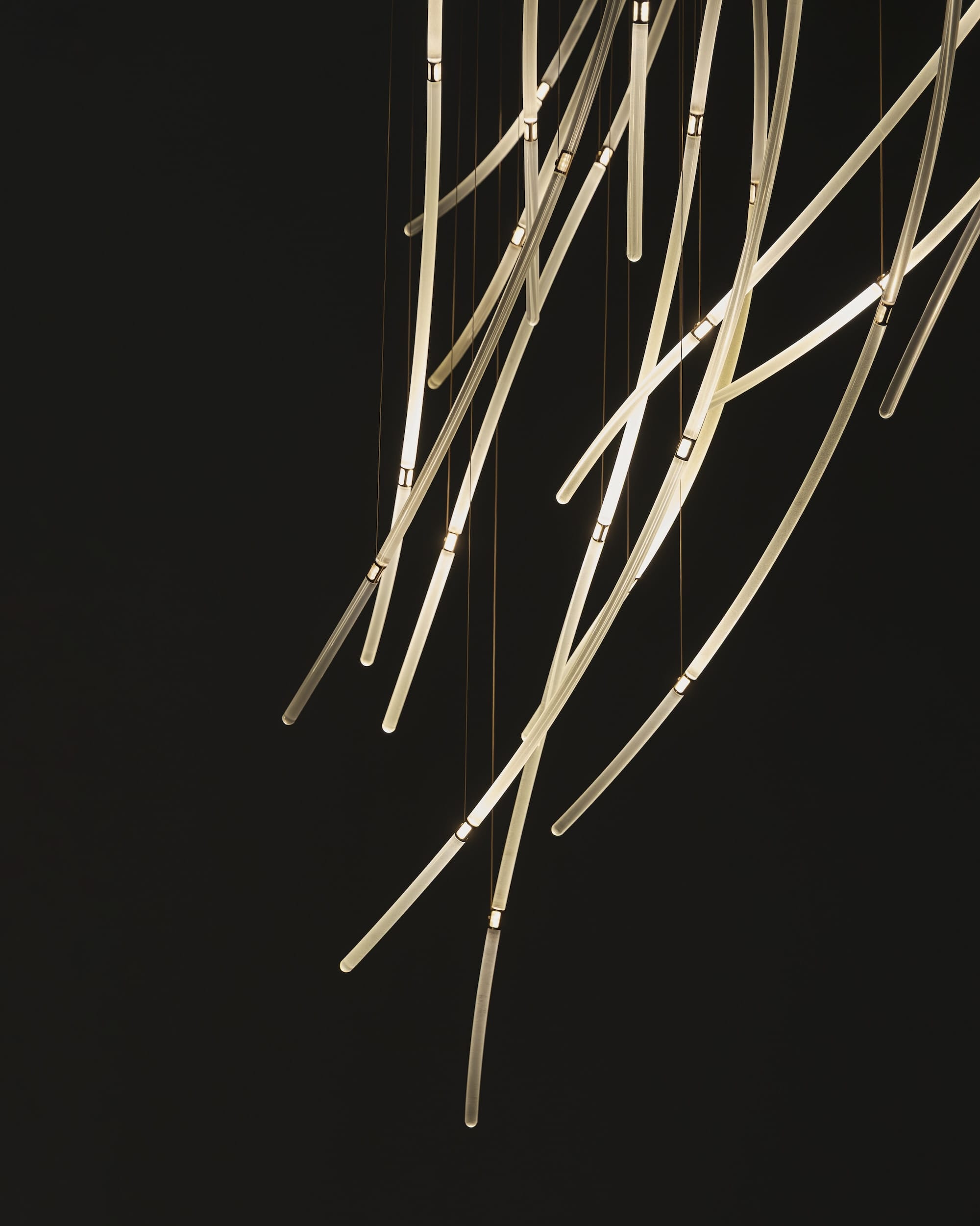 a detail of a suspended LED light sculpture with luminescence moving through undulating tubes