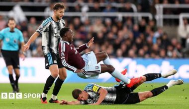 Nicolas Jackson of Aston Villa is fouled by Sven Botman of Newcastle United