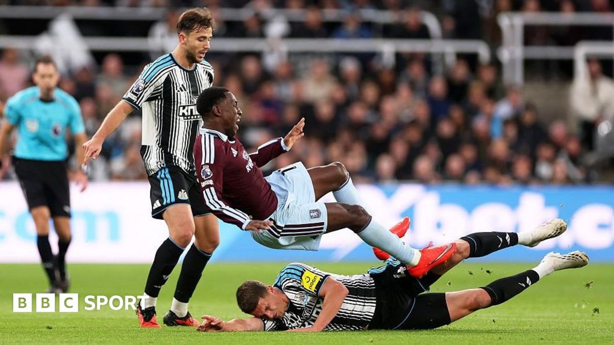 Nicolas Jackson of Aston Villa is fouled by Sven Botman of Newcastle United