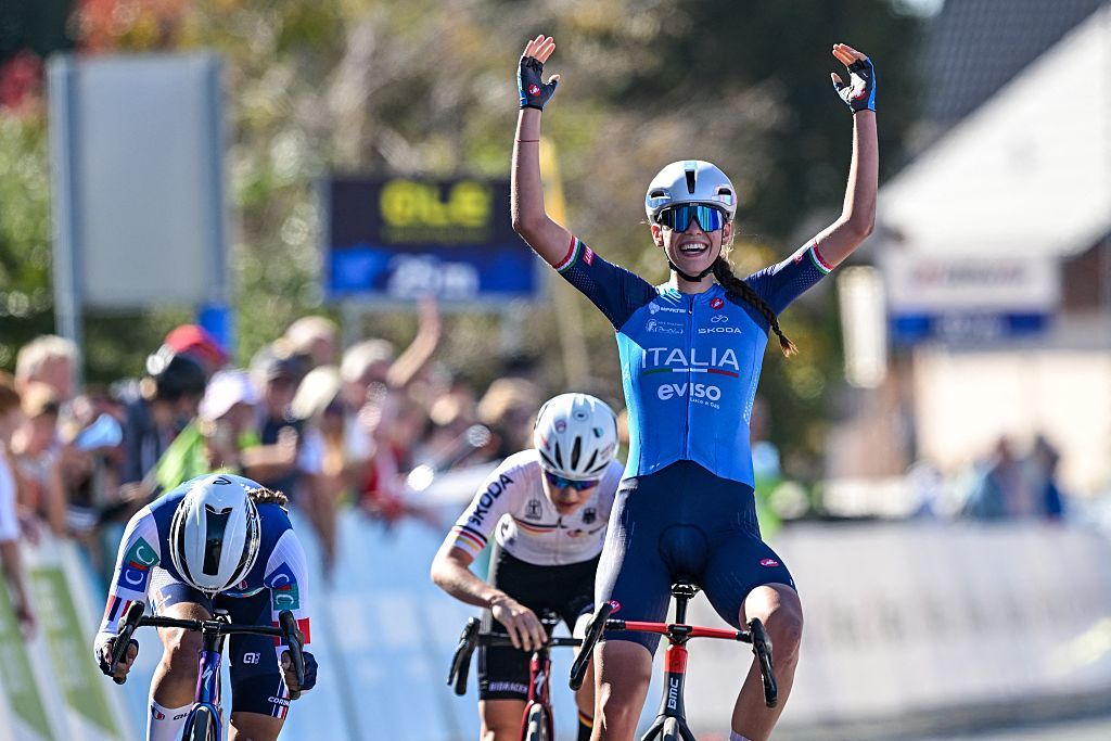 Azzurra Ballan (Italy) celebrates as she win the junior women Road Race race the cycling 2026 UEC Road European Championships, in &Scaron;enčur, Slovenia. (Photo by DAVID PINTENS / BELGA MAG / Belga / AFP via Getty Images)