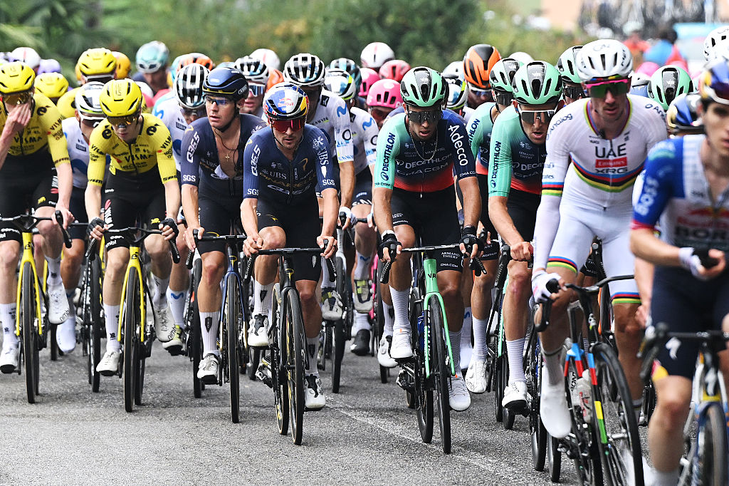 COMO, ITALY - OCTOBER 10: (L-R) Tom Pidcock of Great Britain and Team Pinarello Q36.5 Pro Cycling, Jordan Labrosse of France and Antoine L&amp;apos;Hote of France and Team Decathlon CMA CGM during the 120th Il Lombardia 2026 a 239km one day race from Bergamo to Como / #UCIWT / on October 10, 2026 in Como, Italy. (Photo by Dario Belingheri/Getty Images)