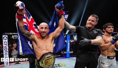 Alexander Volkanovski celebrates winning at UFC 333