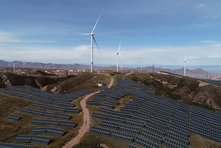 Solar panels cover the land and wind turbines are in the background.