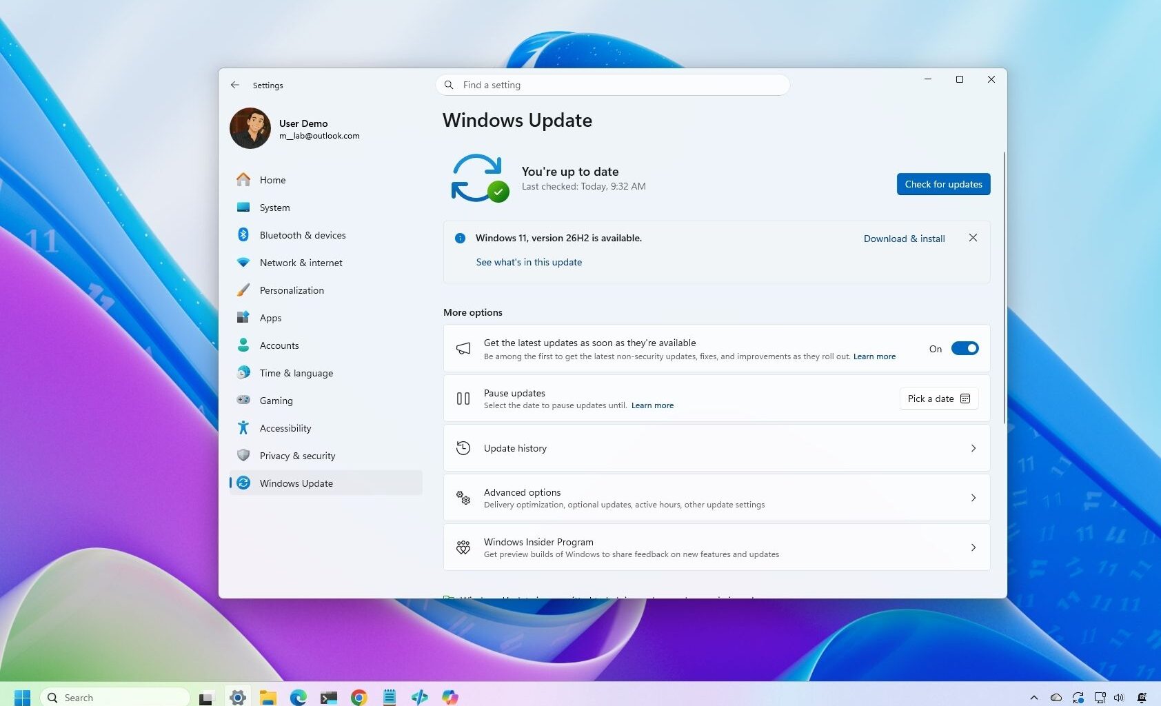 Settings apps in the Windows Update settings, installing version 26H2.