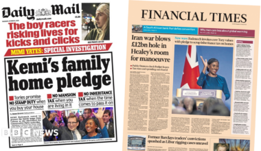 "Kemi's family home pledge" reads the headline on the front page of the Daily Mail.