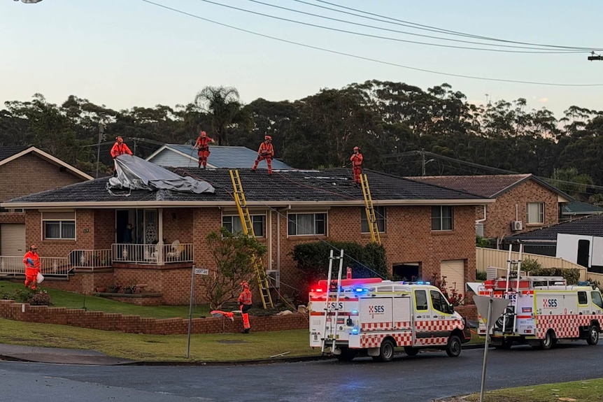 Image of SES workers on roof of damaged brick house.