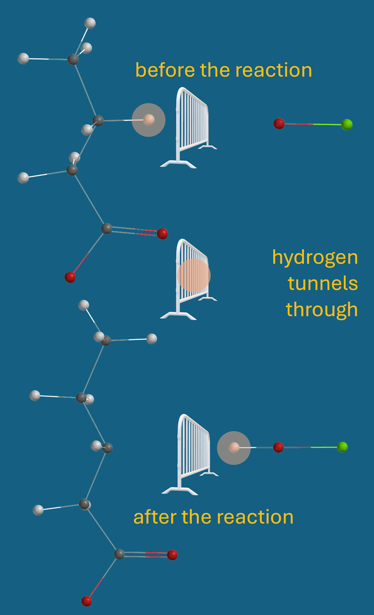 A diagram showing a proton going from reactants to products through a barrier