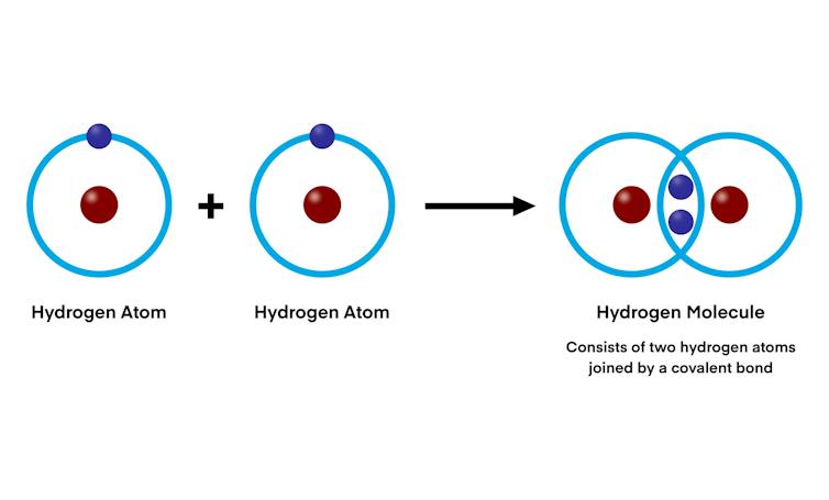 Two hydrogen atoms combine to form a hydrogen molecule through a covalent bond, sharing electrons to achieve stability and create the simplest diatomic molecule in nature.