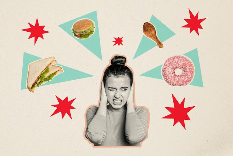 Composite photo collage of annoyed woman holding her ears to block out food noise