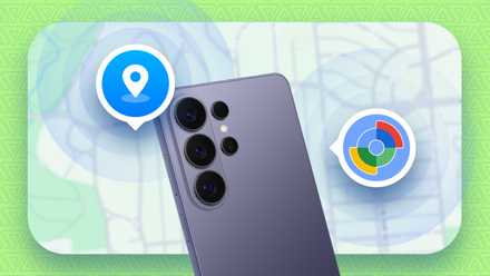 A purple Samsung Galaxy phone shown from the back, with the Samsung Find app icon on the left and the Google Find Hub icon on the right, each surrounded by signal rings over a faded map background