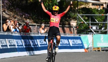 Alessia Vigilia (Uno-X Mobility) celebrates winning the 2026 Giro dell'Emilia Internazionale Donne Elite 2026 in Bologna, Italy. (Photo by Dario Belingheri/Getty Images)