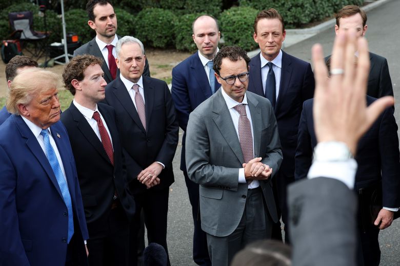 Anthropic co-founder Dario Amodei, Meta CEO Mark Zuckerberg and US President Donald Trump outside the White House on September 29, 2026.
