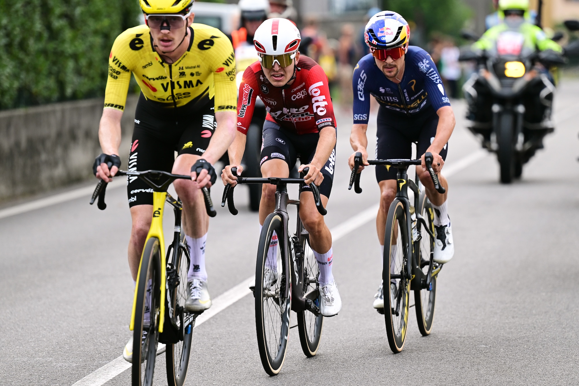 Matteo Jorgenson of United States and Team Visma | Lease a Bike, Jarno Widar of Belgium and Team Lotto Intermarche and Tom Pidcock of Great Britain and Team Pinarello Q36.5 Pro Cycling Team compete in the breakaway during the 105th Tre Valli Varesine 2026