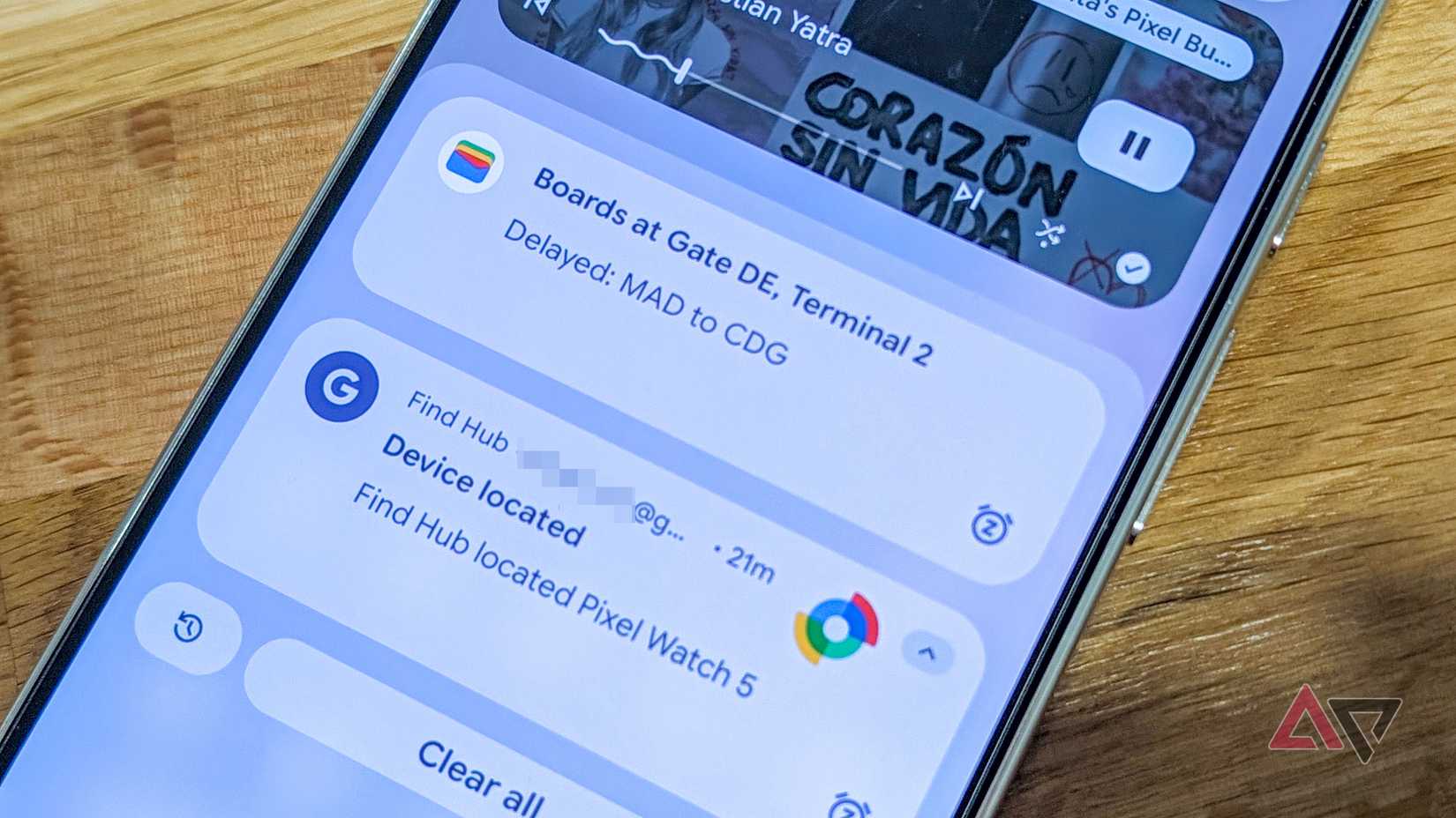 Google Pixel phone showing a notification for a located Pixel Watch with Find Hub