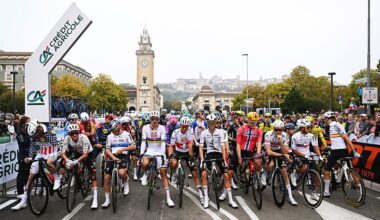 BERGAMO, ITALY - OCTOBER 10: (L-R) Quinn Simmons of United States and Team Lidl - Trek, Isaac Del Toro of Mexico and UAE Team Emirates - XRG, Remco Evenepoel of Belgium and Team Red Bull - BORA - hansgrohe, Brandon McNulty of United States - World Champion Jersey, Jan Christen of Switzerland and UAE Team Emirates - XRG, George Bennett of New Zealand and Team NSN Cycling, Anders Skaarseth of Norway and Team Uno-X Mobility, Michael Gogl of Austria and Team Alpecin - Premier Tech, Vicente Rojas of Chile and Team Bardiani CSF 7 Saber, Marcel Camprubi of Spain and Team Pinarello Q36.5 Pro Cycling Team and a general view of the peloton prior to the 120th Il Lombardia 2026 a 239km from / #UCIWT / Bergamo to Como on October 10, 2026 in Bergamo, Italy. (Photo by Dario Belingheri/Getty Images)
