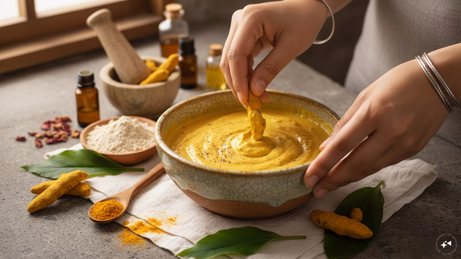 How To Make Multani Mitti And Turmeric Face Pack?The face pack requires just a few ingredients: 1 tablespoon multani mitti, ¼ teaspoon turmeric or haldi, 1-2 teaspoon plain water or rose water, a little plain yogurt (optional). Mix all the ingredients until you get a smooth paste and apply a thin layer over the face, avoiding the corners of the eyes, and leave it on for around 5-10 minutes. Instead of letting the face pack to dry out completely, you can rinse it off right after 10 minutes. (Image: AI-generated) How To Make Multani Mitti And Turmeric Face Pack?The face pack requires just a few ingredients: 1 tablespoon multani mitti, ¼ teaspoon turmeric or haldi, 1-2 teaspoon plain water or rose water, a little plain yogurt (optional). Mix all the ingredients until you get a smooth paste and apply a thin layer over the face, avoiding the corners of the eyes, and leave it on for around 5-10 minutes. Instead of letting the face pack to dry out completely, you can rinse it off right after 10 minutes. (Image: AI-generated)