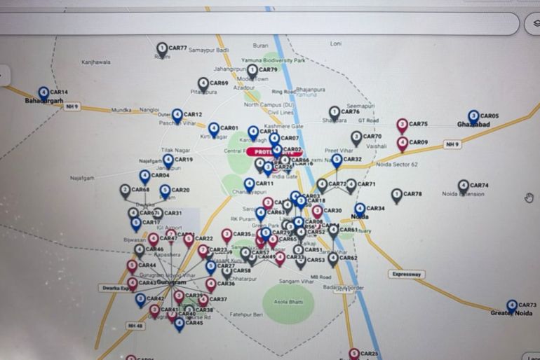 A map showing the locations of rescue cars deployed by Rajiv Choudhary’s team in New Delhi