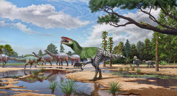 Artists’ rendition of Invictibellatrix amberina with contemporary fauna in the lower part of the Wessex Formation. Image credit: Sergey Krasovskiy / Pedro Salas.