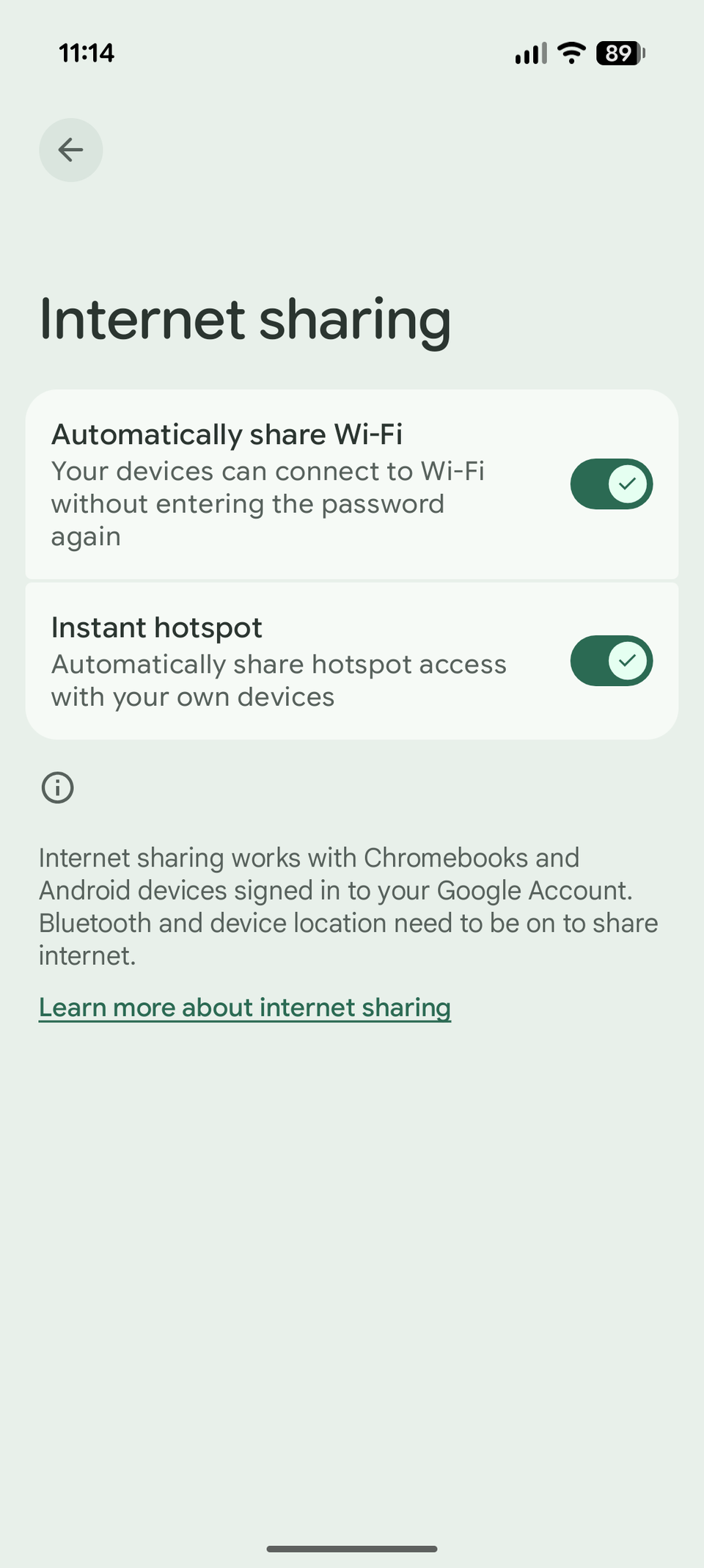 Screenshot showing the Internet sharing page in Android settings