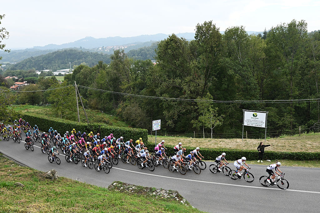 COMO, ITALY - OCTOBER 10: A general view of the peloton passing through a landscape during the 120th Il Lombardia 2026 a 239km one day race from Bergamo to Como / #UCIWT / on October 10, 2026 in Como, Italy. (Photo by Dario Belingheri/Getty Images)
