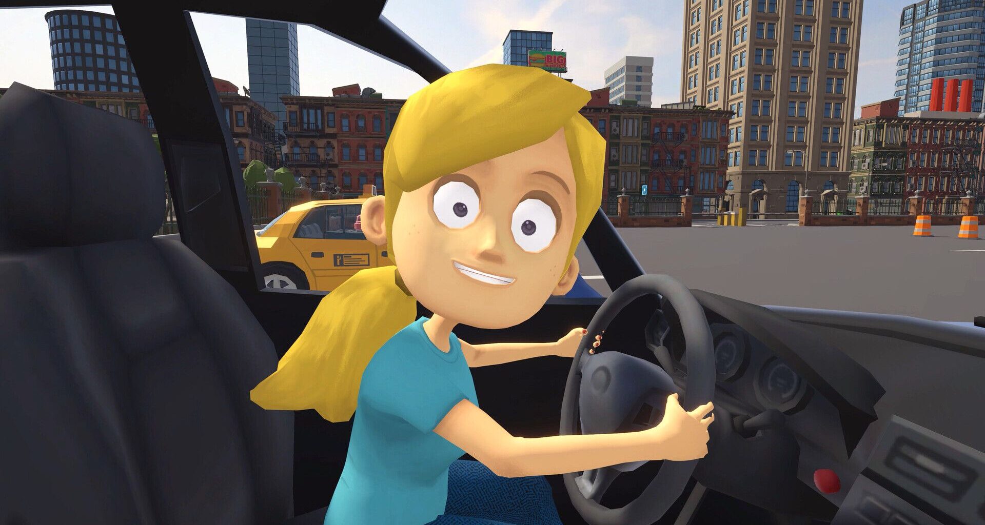 A screenshot of Teach My Little Sister How To Drive, showing your virtual sibling grinning terrifyingly at you at the wheel of a car.