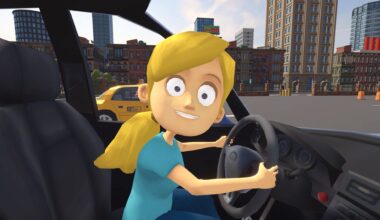 A screenshot of Teach My Little Sister How To Drive, showing your virtual sibling grinning terrifyingly at you at the wheel of a car.