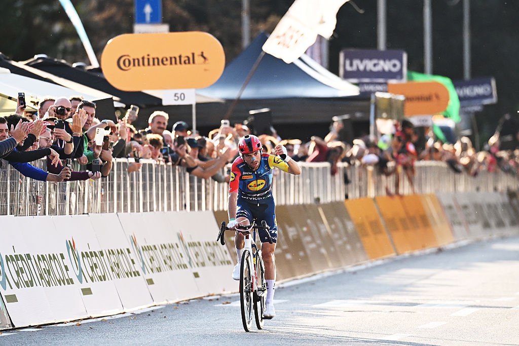 COMO, ITALY - OCTOBER 10: Giulio Ciccone of Italy and Team Lidl - Trek crosses the finish line as third place winner during the 120th Il Lombardia 2026 a 239km one day race from Bergamo to Como / #UCIWT / on October 10, 2026 in Como, Italy. (Photo by Dario Belingheri/Getty Images)