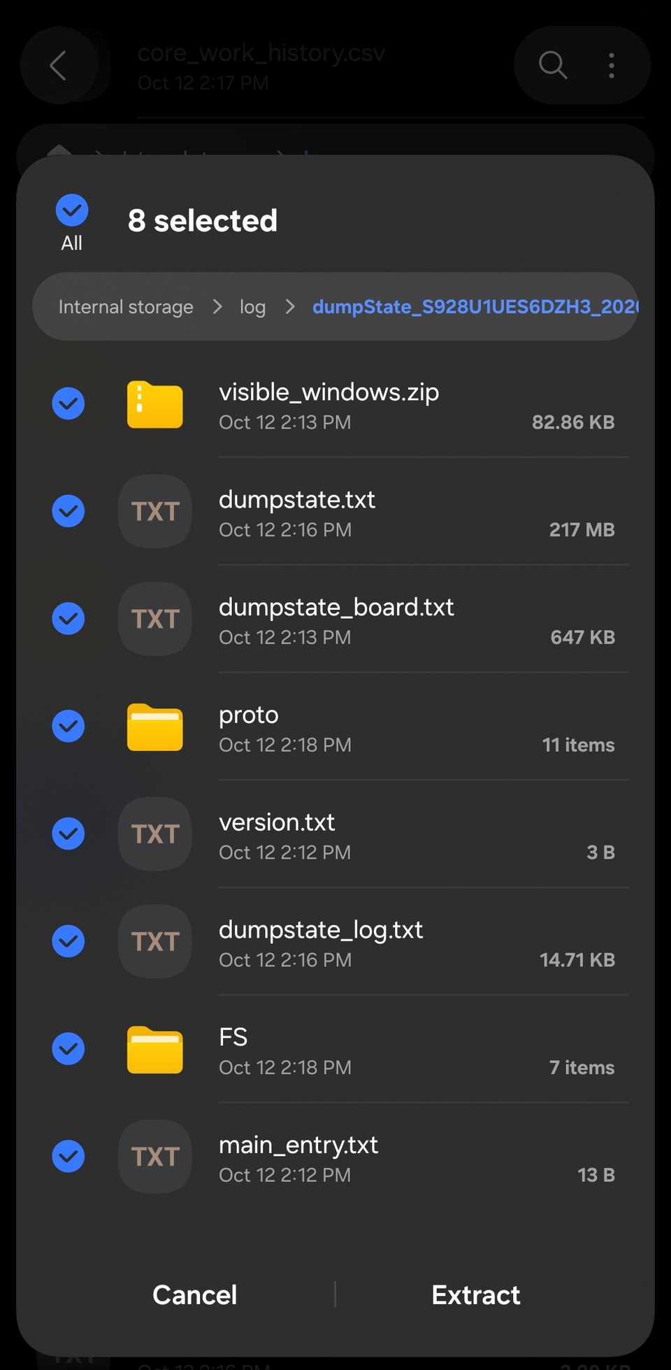 Samsung My Files log folder showing all files and folders inside the 'dumpState_' zip file.