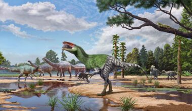 An artist’s illustration of a new theropod dinosaur with a green upper body and black and white rear, Invictibellatrix amberina, in a floodplain ecosystem on the Isle of Wight.  In the background, sauropods, iguanodontians and a spinosaur can be seen.
