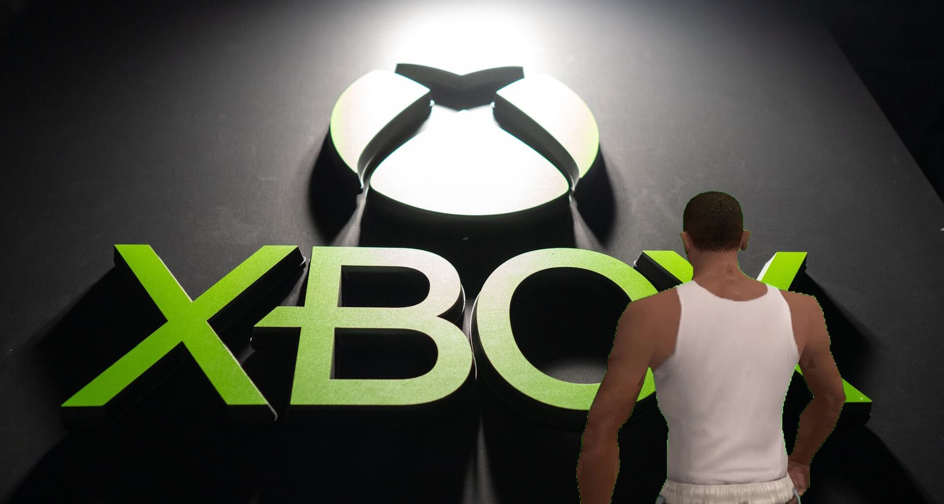 CJ "ah shit, here we go again" meme image laid over Xbox logo seen during the Tokyo Game Show 2024 at Makuhari Messe on September 26, 2024 in Chiba, Japan