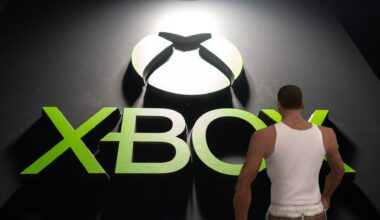 CJ "ah shit, here we go again" meme image laid over Xbox logo seen during the Tokyo Game Show 2024 at Makuhari Messe on September 26, 2024 in Chiba, Japan