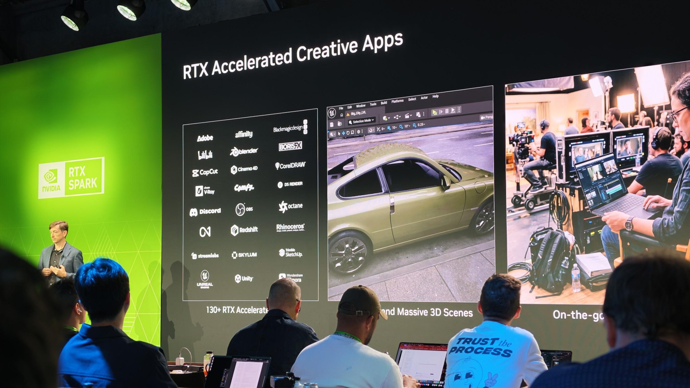 A slide reads RTX Accelerated Creative Apps, and lists many companies like Discord and Adobe.