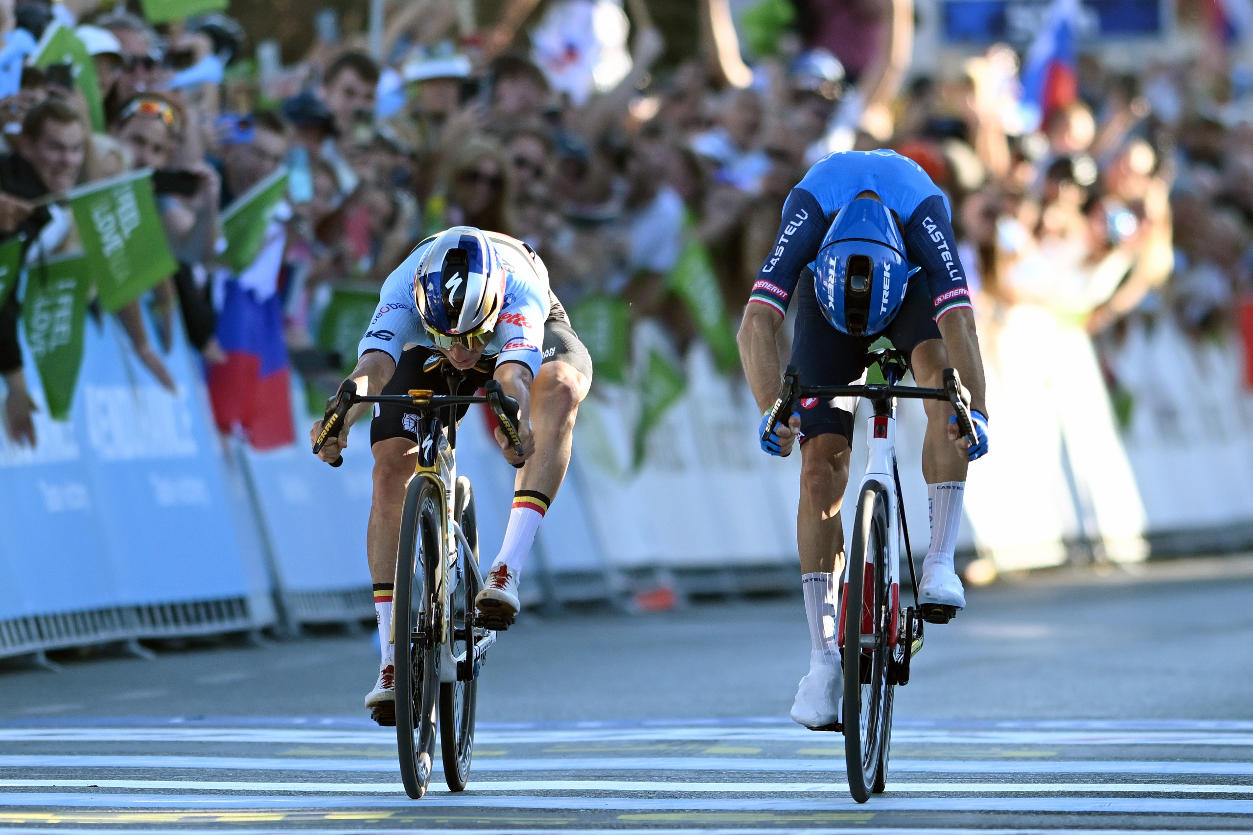 Remco Evenepoel and Team Belgium and Giulio Ciccone and Team Italy sprint at finish line to win the gold medal during the 32nd UEC Road Cycling European Championships 2026 - Men's Elite Road Race