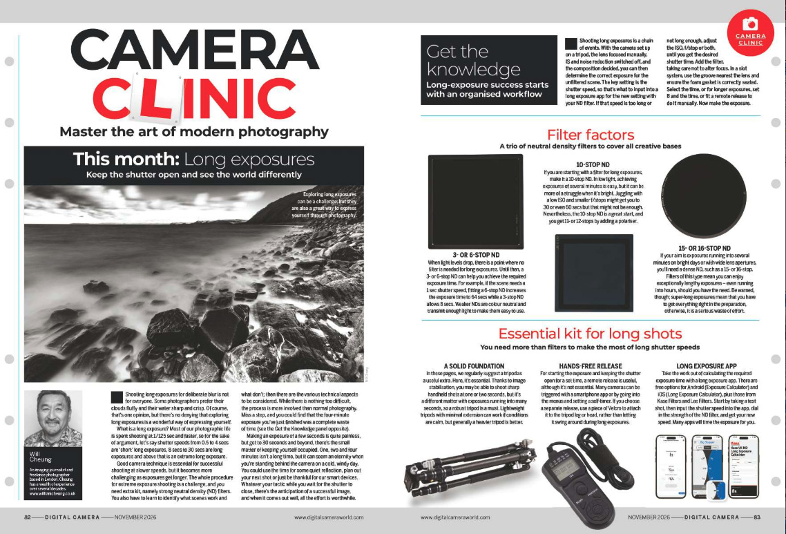 Image showing the first two pages of the Camera Clinic article in issue 313 (November 2026) of Digital Camera magazine, a 10-page masterclass on long-exposure photography