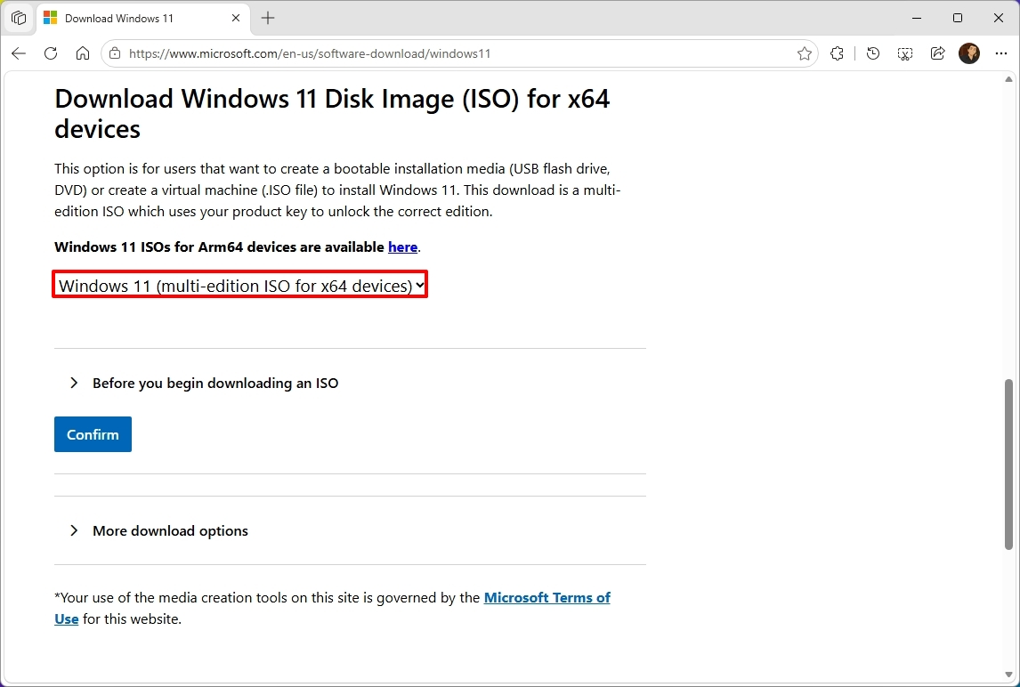 Microsoft download page highlighting the ISO file download.