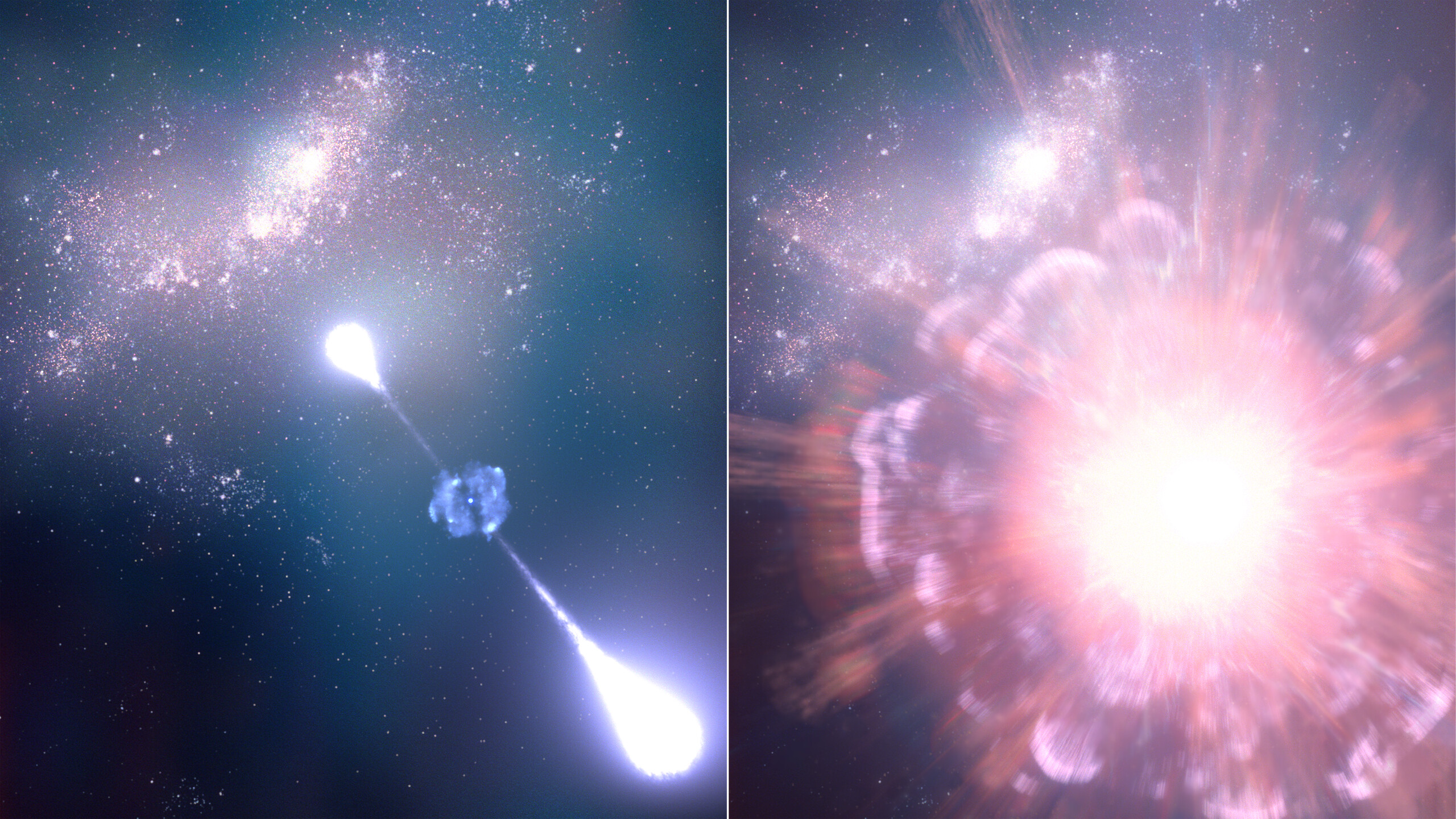 Two images side by side showing deep space explosions