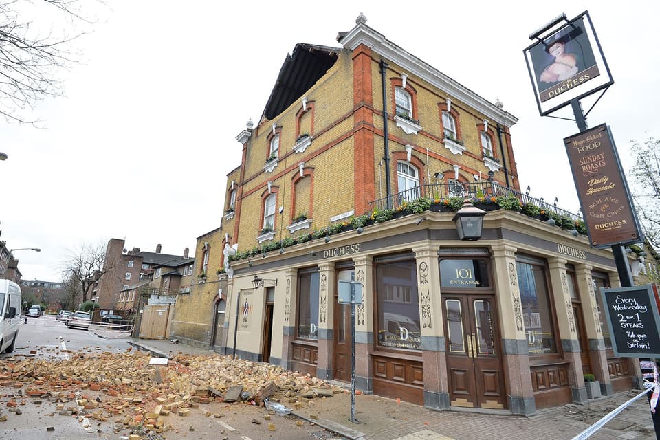 Enterprise URN: AN*95211480
Caption: Rubble strewn across the road outside The Duchess public house in Battersea, south west London, after Storm Katie's high winds brought down part of the building's roof support. PRESS ASSOCIATION Photo. Picture date: Monday March 28, 2016. Gusts of more than 70mph hit areas in the South West and amber weather warnings were issued for London and the South East. See PA story WEATHER Wind. Photo credit should read: John Stillwell/PA Wire
Loaded on: 28/03/2016 Loaded at: 10:38
Properties: RGB JPEG Image (24743K 1499K 16.5:1) 3500w x 2413h at 300 x 300 dpi
Routing: <not routed>
Parking: <not parked>
Copyright: PA
Provider: PA
Photographer: John Stillwell
Headline: Spring weather March 28th 2016