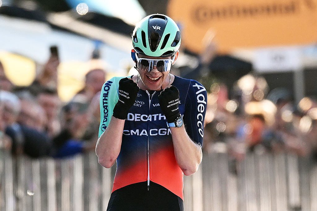 COMO, ITALY - OCTOBER 10: Paul Seixas of France and Team Decathlon CMA CGM celebrates at finish line as race winner during the 120th Il Lombardia 2026 a 239km one day race from Bergamo to Como / #UCIWT / on October 10, 2026 in Como, Italy. (Photo by Dario Belingheri/Getty Images)