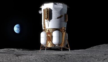 illustration of a tall, gold and white spacecraft on the moon with earth in the background