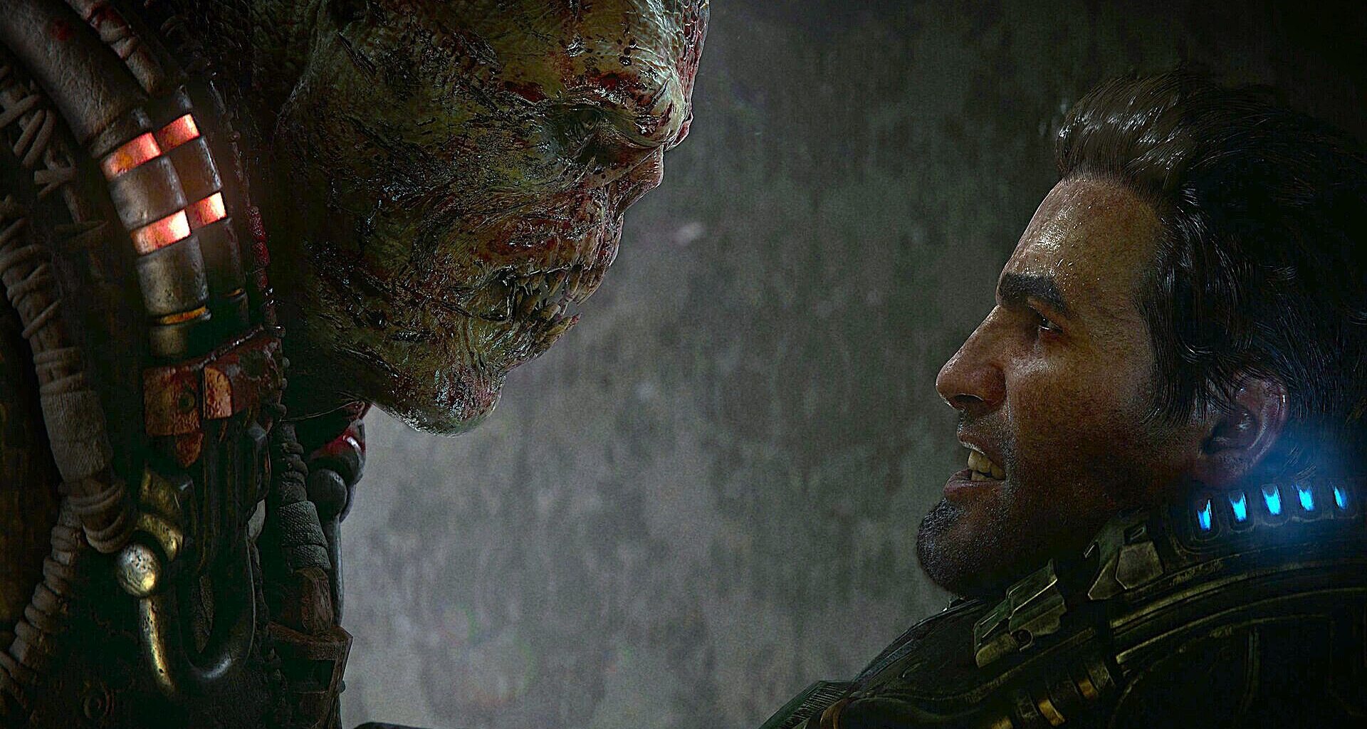 A man in futuristic armor faces a menacing, heavily scarred alien creature. The tense encounter is lit with glowing red and blue accents, conveying intensity.