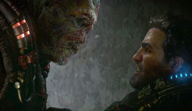 A man in futuristic armor faces a menacing, heavily scarred alien creature. The tense encounter is lit with glowing red and blue accents, conveying intensity.