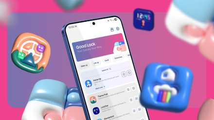 Samsung Galaxy phone displaying the Good Lock app, surrounded by colorful customization icons.