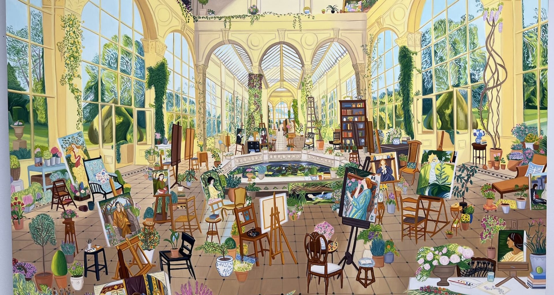 a detailed oil painting of a palatial, aristocratic space filled with paintings and other objects