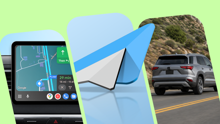 Side-by-side panels show a car dashboard, the Android Auto logo, and a car driving on a road