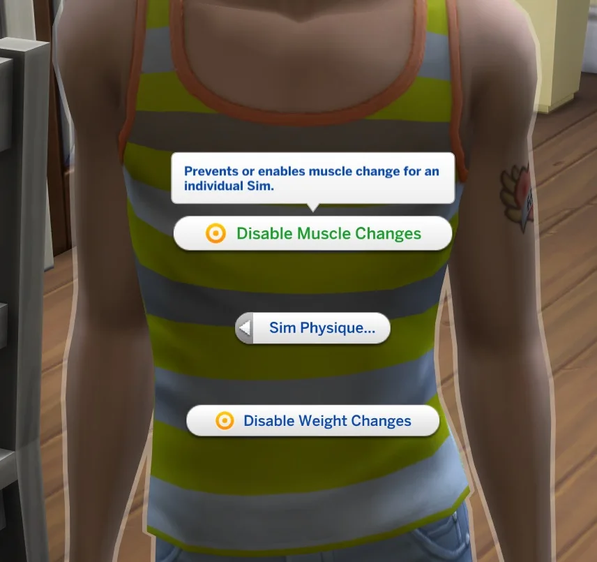 A screenshot of the new “Sim Physique” Pie Menu interactions on Sims that shows the “Disable Muscle Changes” and “Disable Weight Changes interactions on an individual Sim level.