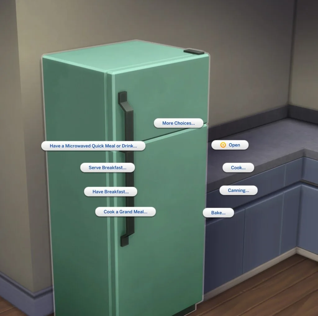 A mint green fridge showing various interactions on a pie menu. The “Open” interaction is at the front, rather than buried in “More Choices.”
