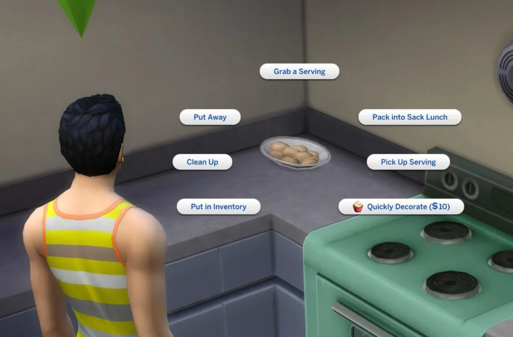 A Sim who made a batch of Sugar Cookies using the Baking Skill is standing in front of a counter. The Pie Menu is open and there is a new “Quickly Decorate” interaction that is visible.